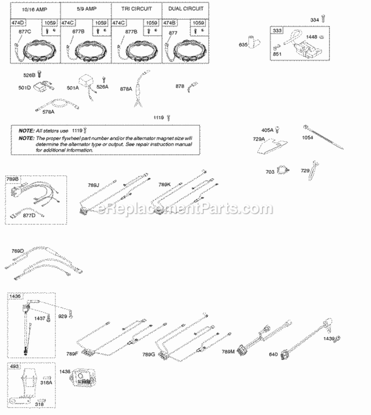 Alternators Ignition Diagram and Parts List for 44L777-0128-B1  Briggs and Stratton Engine